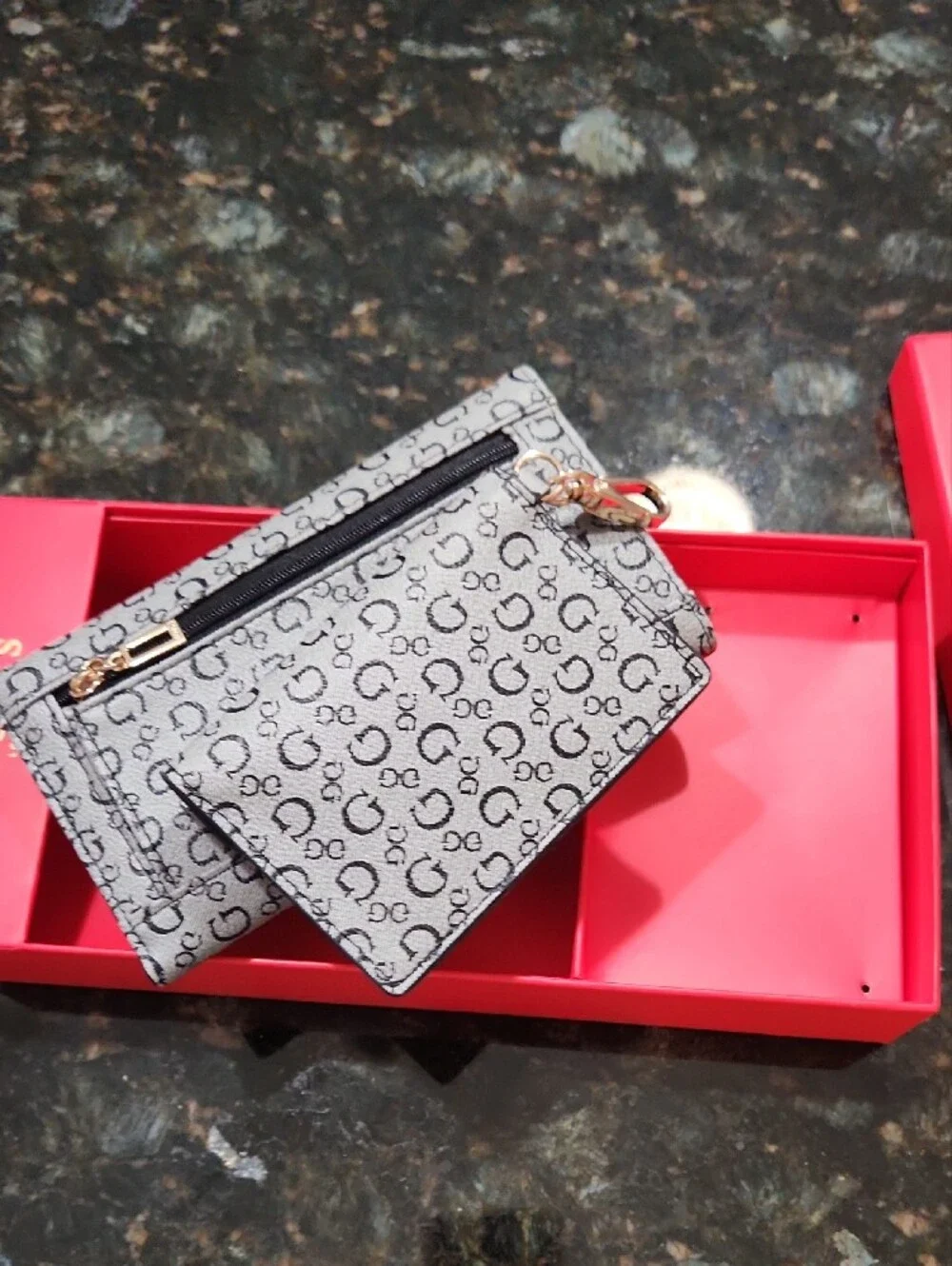Guess Beige Monogram Envelope Wallet & Card Holder Set with Black Trim